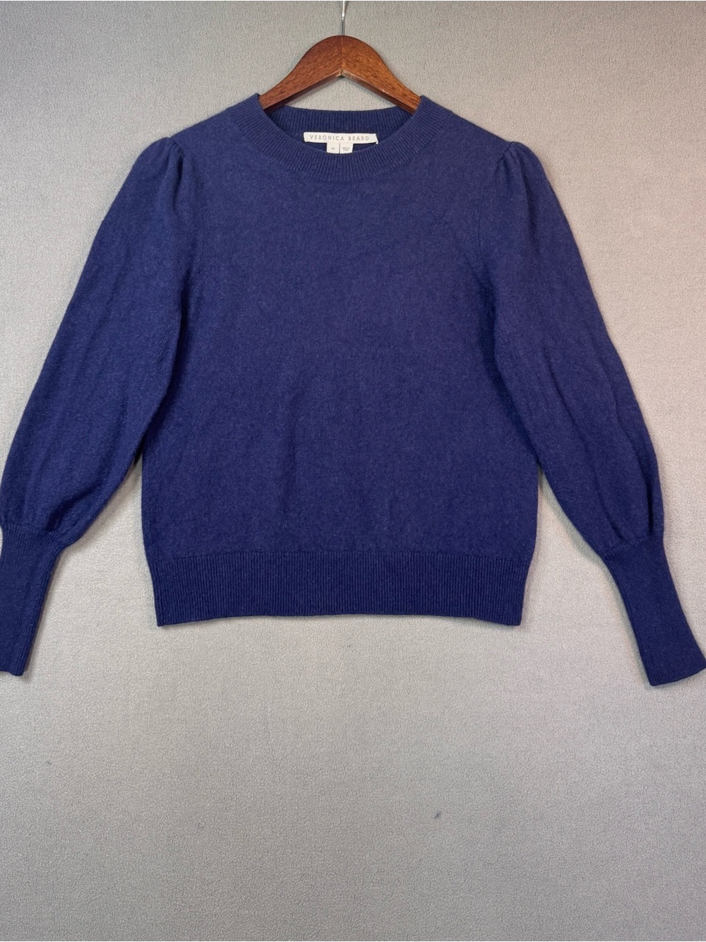 Veronica Beard 100% Cashmere Navy Blue Puff Sleeve Crewneck Sweater, Medium